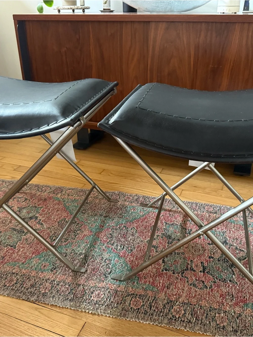 Black Leather Folding Stool with Padded Seat - Home Accents